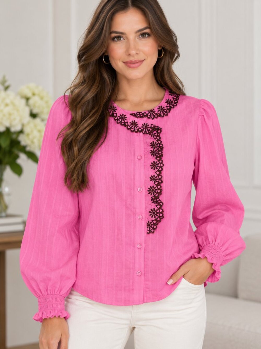 Talbots PL Pink Cotton Embroidered Blouse Smocked Cuffs